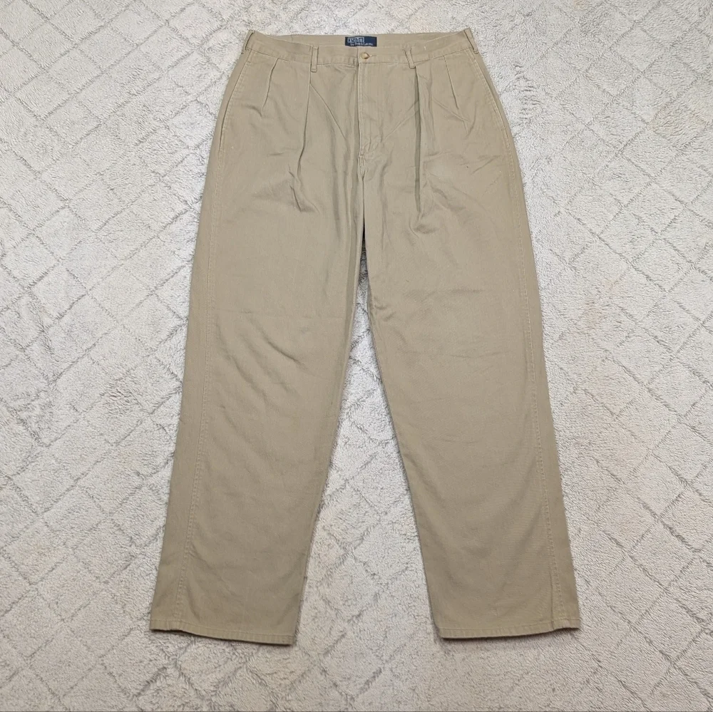 Vtg Polo Ralph Lauren Pants Mens 34x31 Beige Chino Pleated Cotton Twill 90s Prep